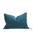 Vice Versa Black Line Stone Washed Linen Cushion, Peacock