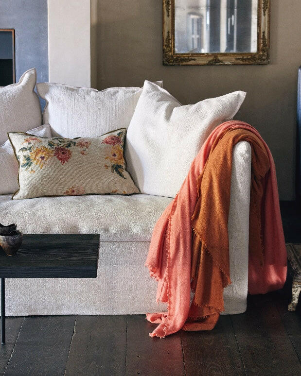 Plaid / Châle Vice Versa Frangé Cachemire Tricoté Main, Curry.