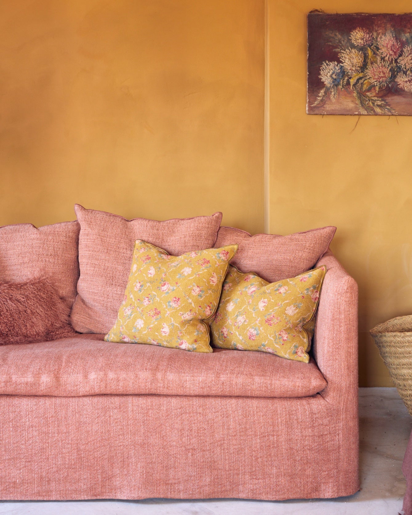 Vice Versa cushion in Wabi-Sabi Jardin Secret linen canvas, Ocher