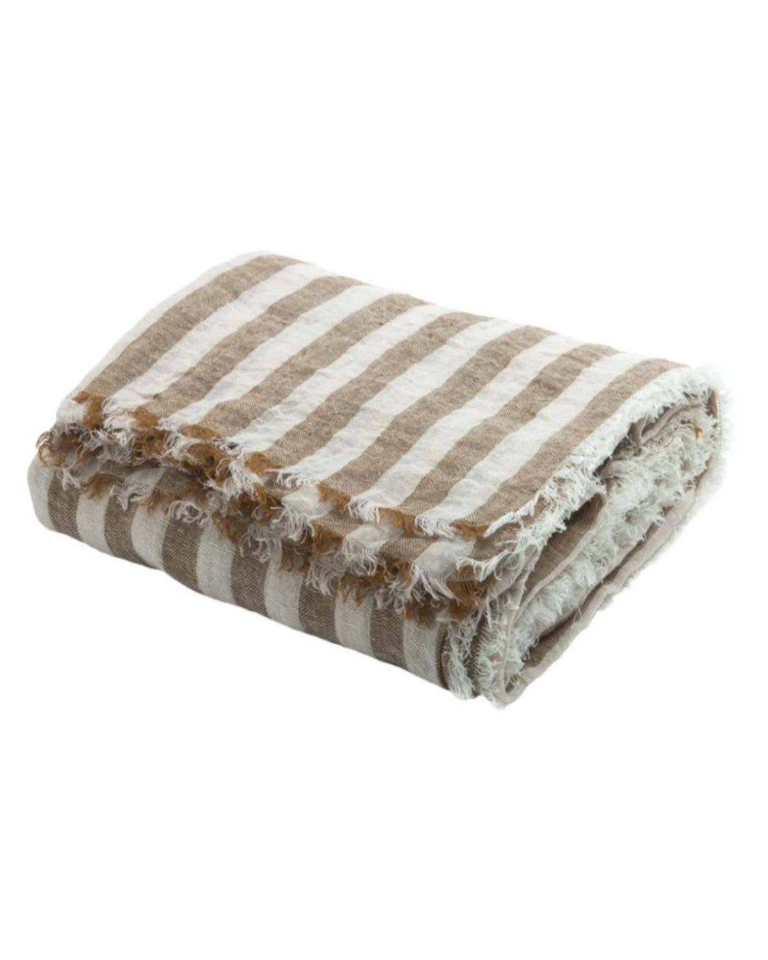 Plaid/Rideau Vice Versa Frangé en Gaze de Lin Lavé Bayadère, Havane/Chaux, Maison de Vacances