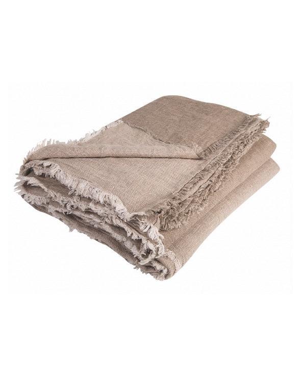 Plaid Vice Versa Frangé en Lin Lavé Froissé, Taupe / Ciment, Maison de Vacances