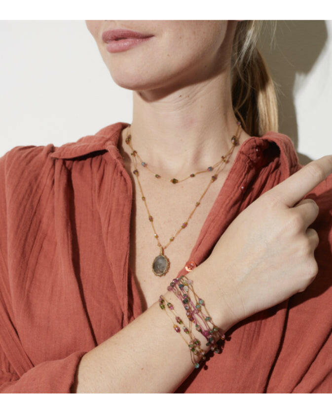 Collier Loopy duo, Corrundum bleu/Tourmaline rose.