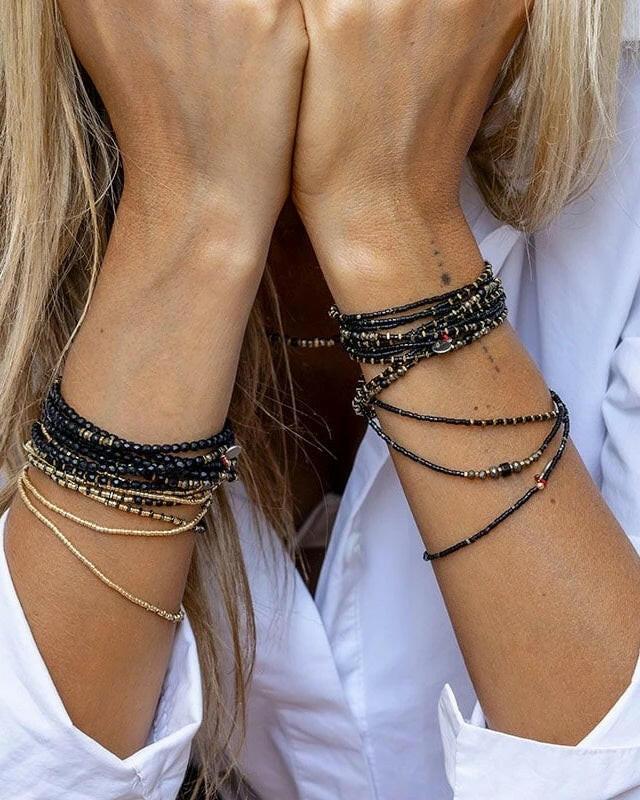 Collier et Bracelet 6 tours, BLACK PANTHER - Noir Mat