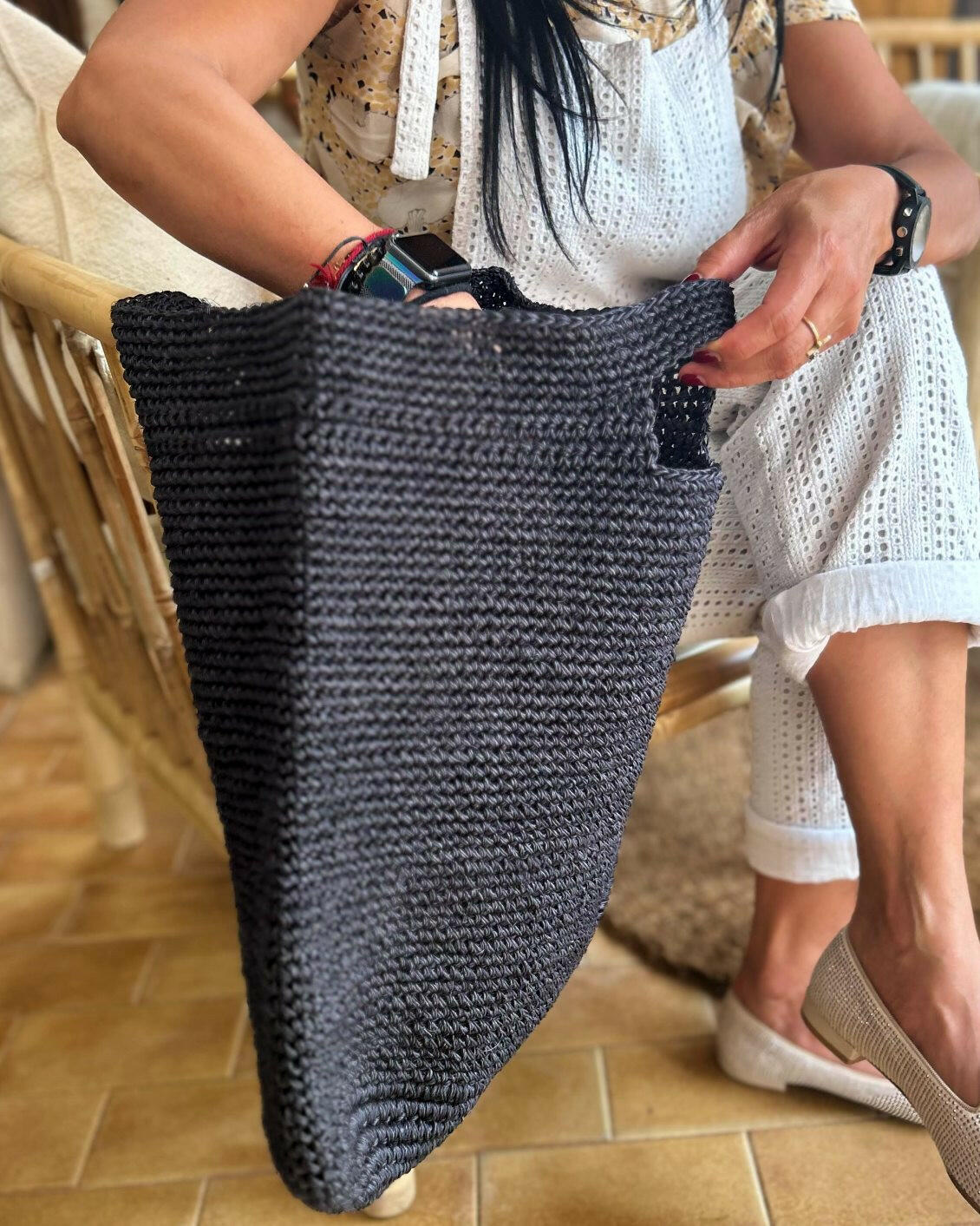 Sac à main en sisal Bleu Marine, Pao Maison