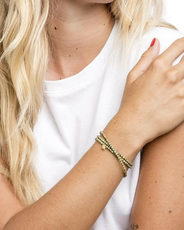 Collier et Bracelet 3 tours, Trefle Gołd - Vert marbré