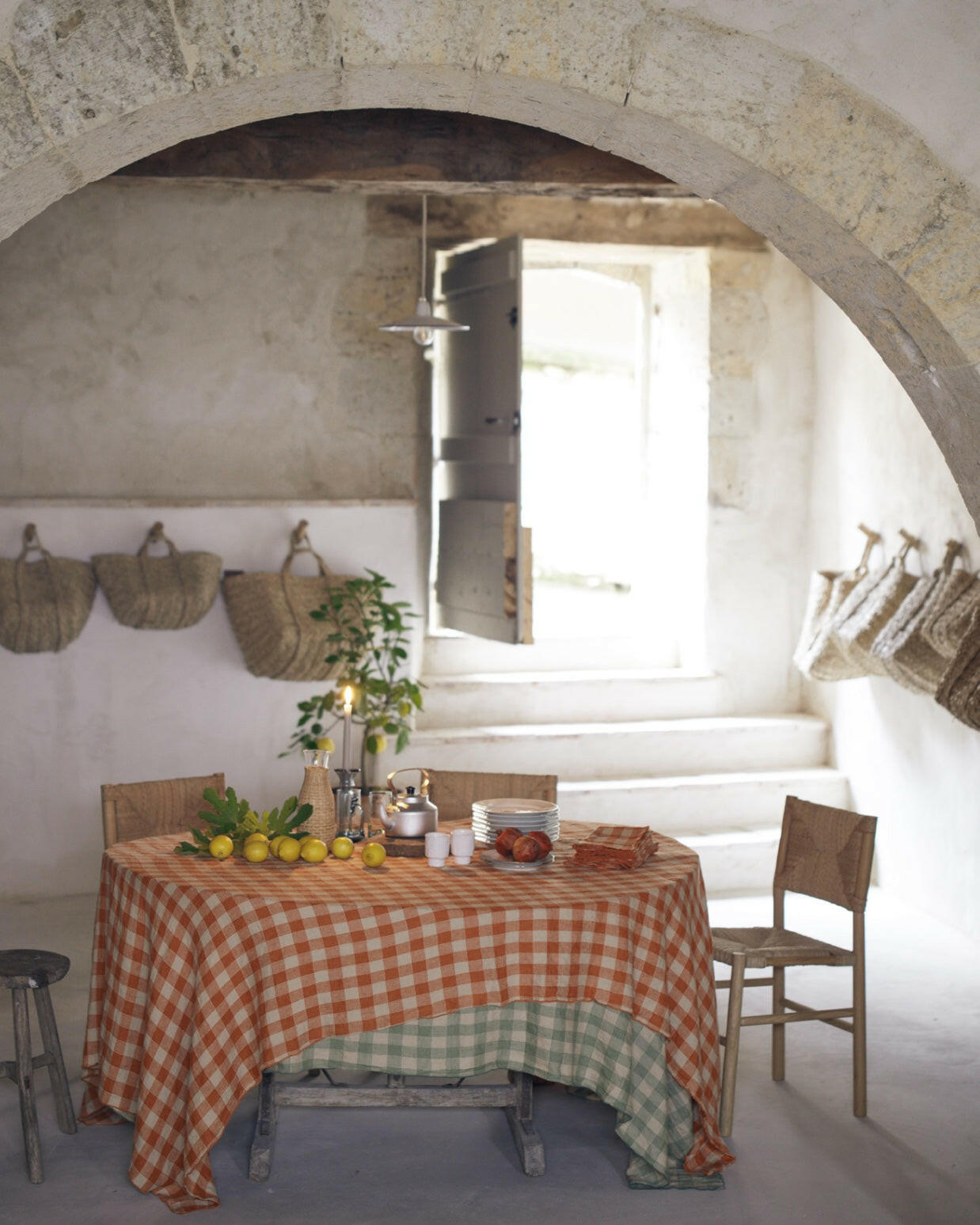 Nappe Bourdon Toile Vintage Vichy, Sauge.