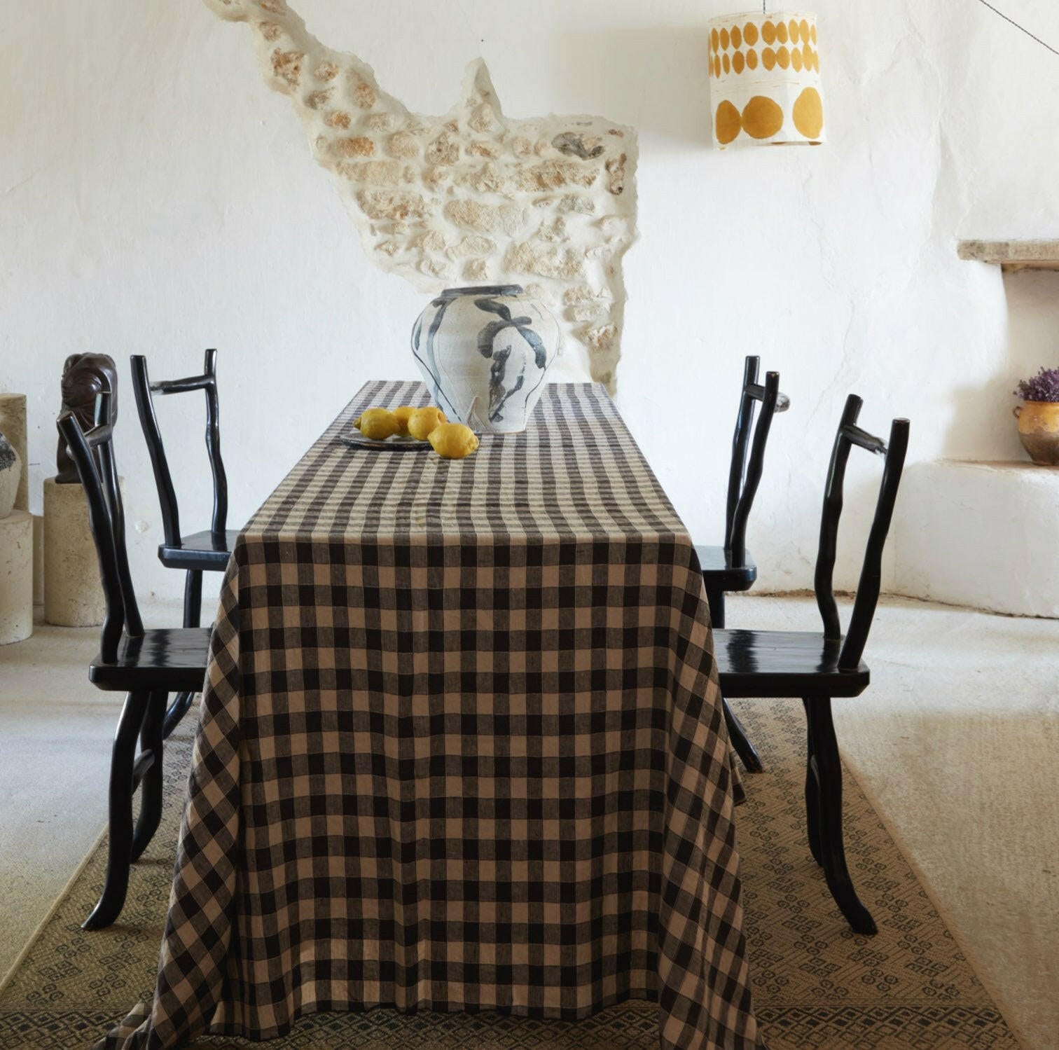 Nappe Bourdon Toile Vintage Vichy, Fusain.