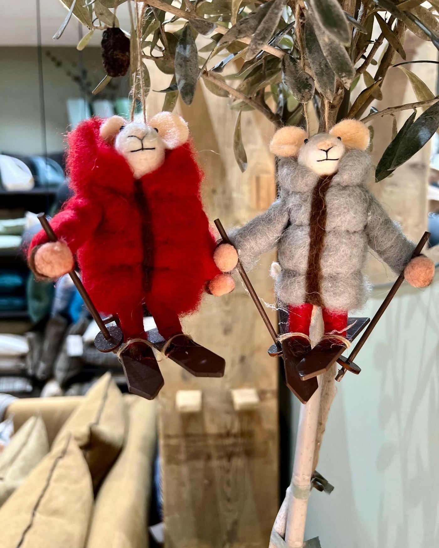 Christmas Ornament, Red &amp; Gray Skiing Mice