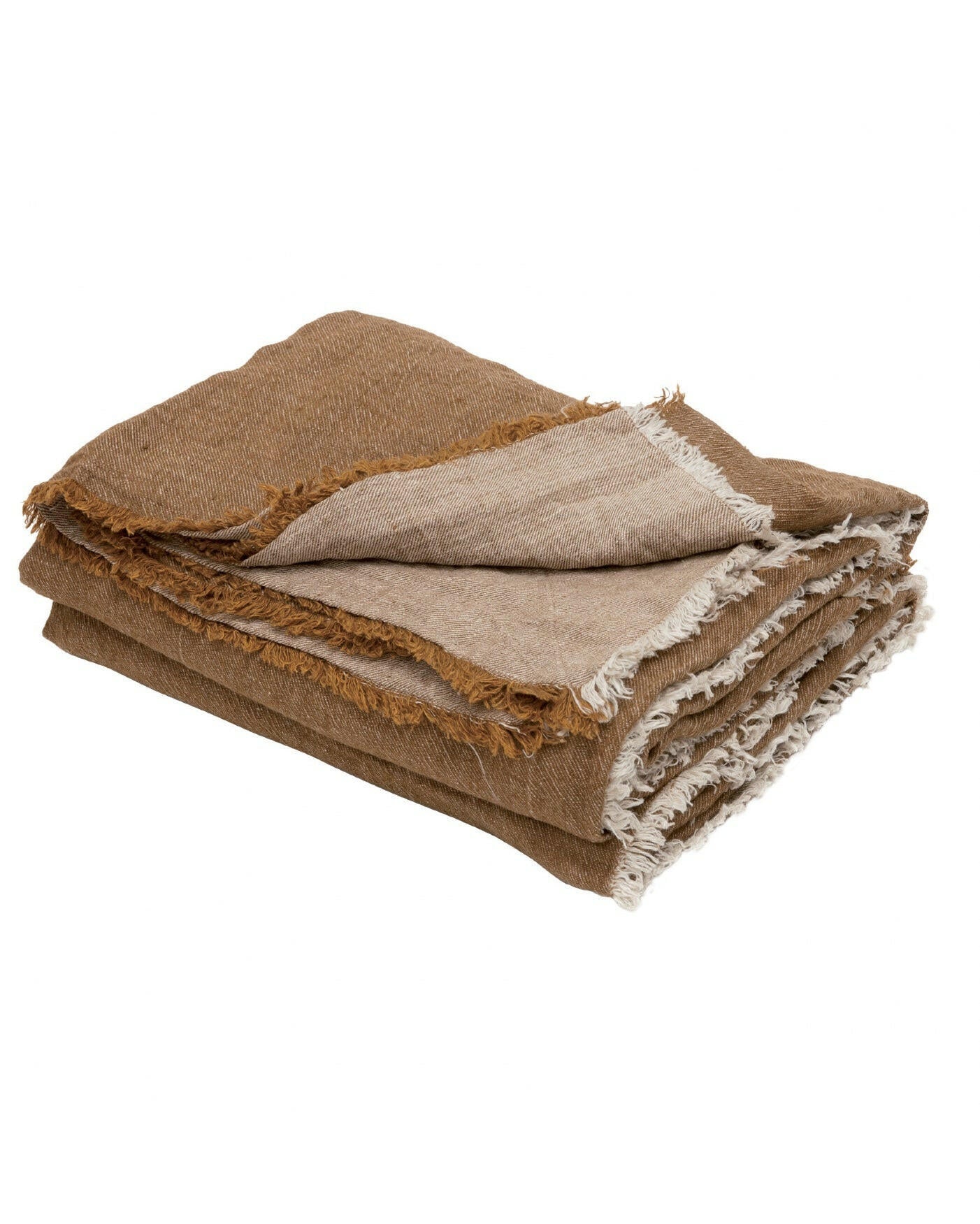 Plaid Vice Versa frangé en lin lavé froissé, Havane / Givré.