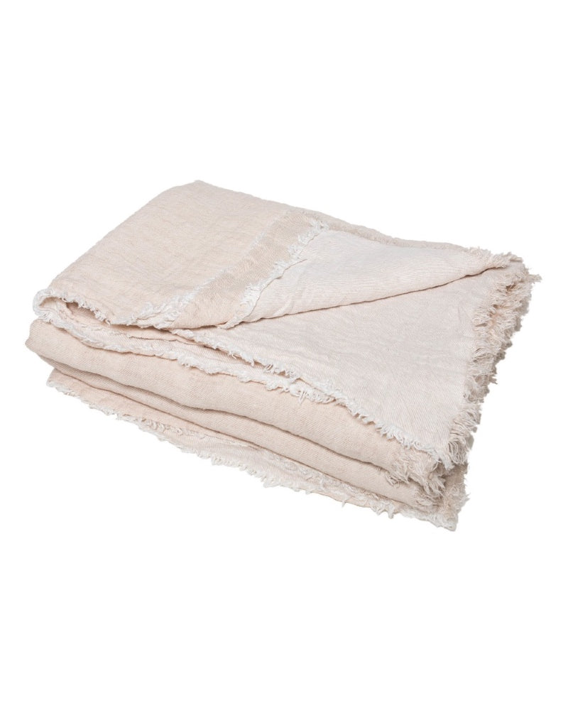 Vice Versa Fringed Blanket in Crumpled Washed Linen, Cream / Frosted